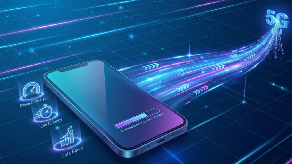 스마트폰에서 5G 모바일 데이터 수신 성능을 높여 인터넷 속도를 최적화하는 시각화 그래픽