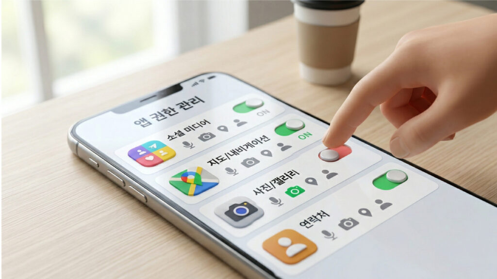 스마트폰 개인정보 보호를 위한 앱별 권한 관리 설정 화면