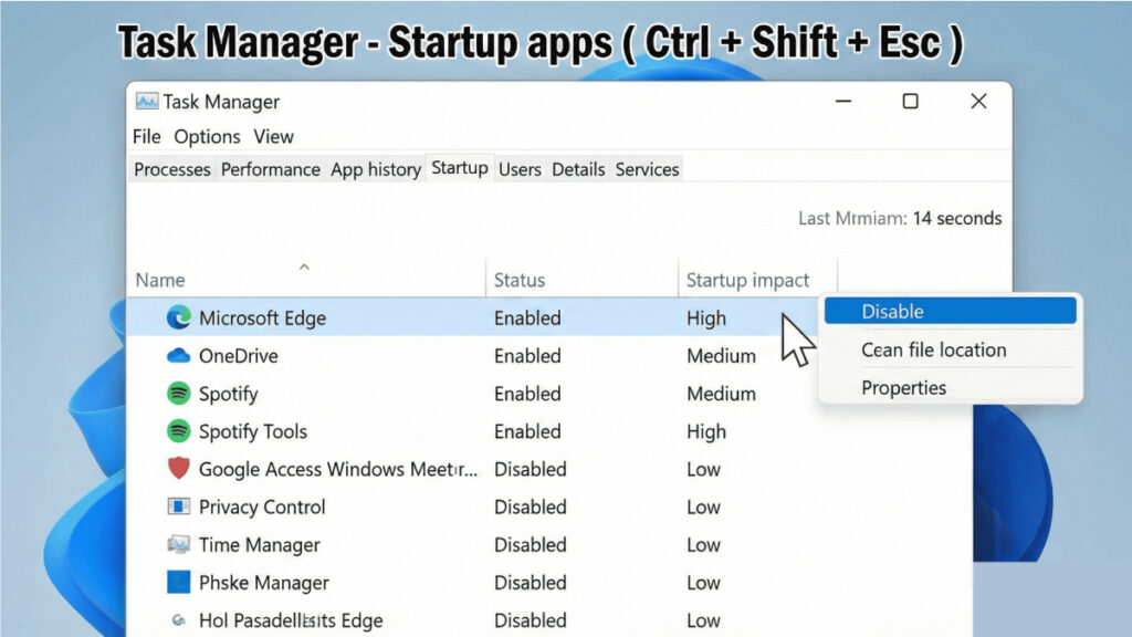 윈도우 작업 관리자에서 불필요한 시작 프로그램을 사용 안 함으로 설정하는 화면