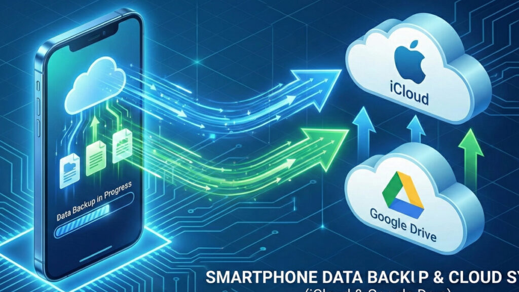 스마트폰 데이터 백업 및 아이클라우드 구글드라이브 복원 설정 시각화
