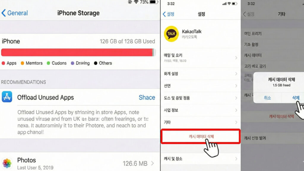 아이폰 저장공간 부족 화면 및 카카오톡 캐시 데이터 삭제 설정 방법
