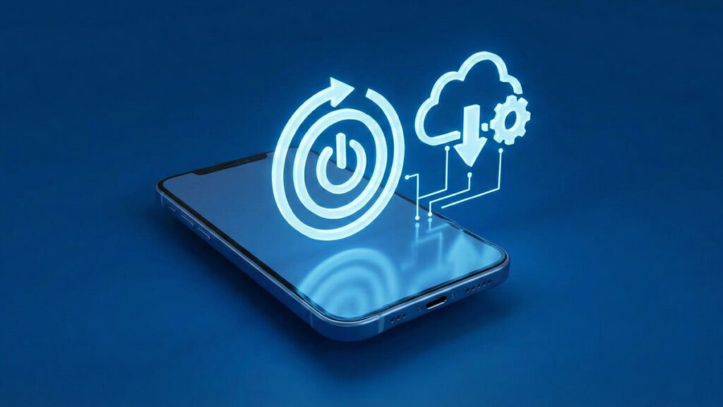 스마트폰 속도 느려짐 해결 및 안정성 향상을 위한 시스템 업데이트와 재시작 상징 이미지