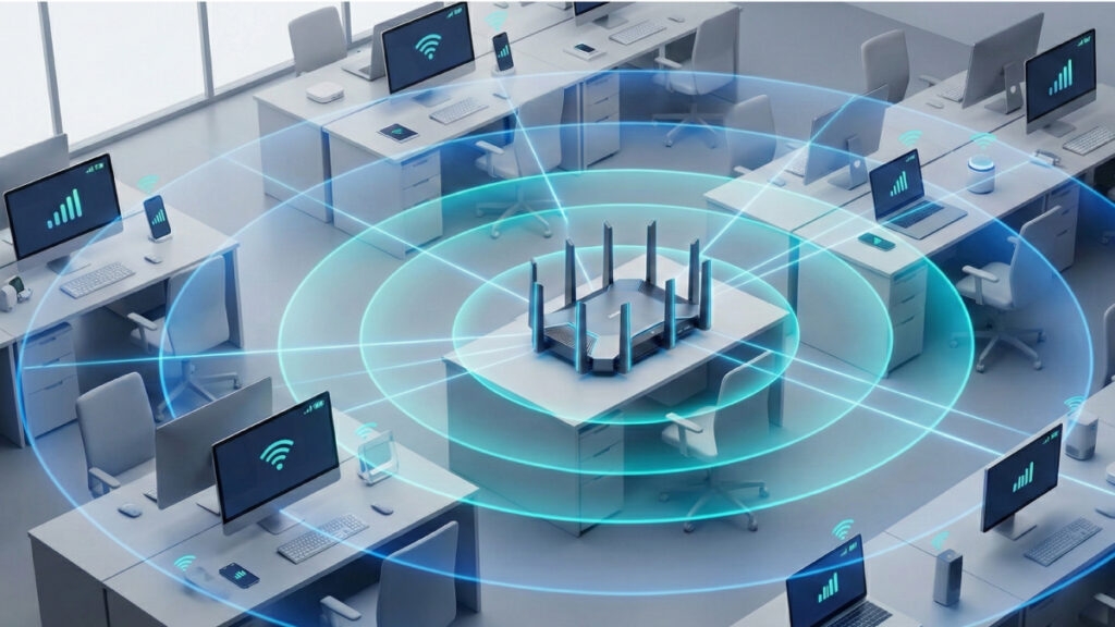 Wi-Fi 7 공유기의 신호 확장 및 사무실 네트워크 성능 최적화 시각화 이미지