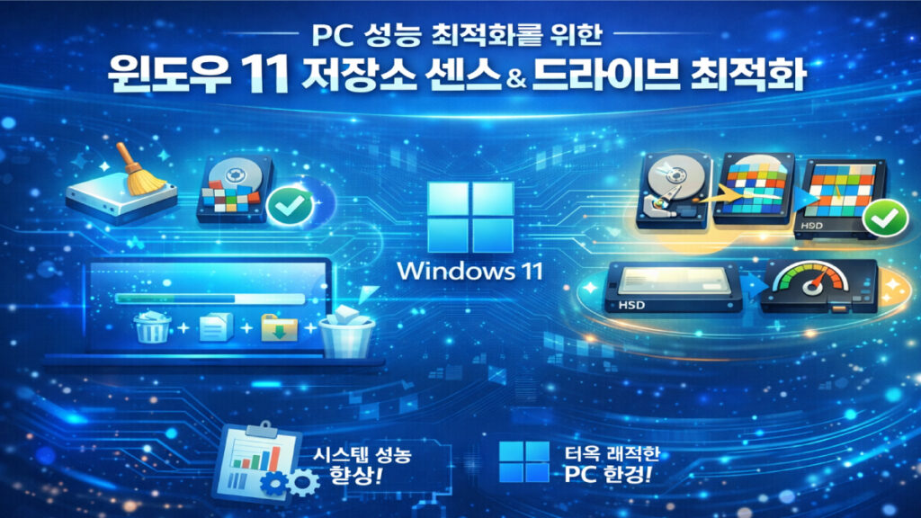 PC 성능 최적화를 위한 윈도우 11 저장소 센스 및 드라이브 최적화 시각화