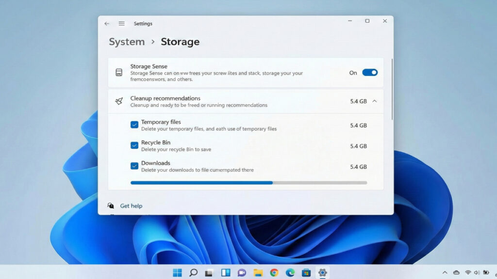 윈도우 11 저장소 센스를 이용한 임시 파일 및 휴지통 자동 정리 화면