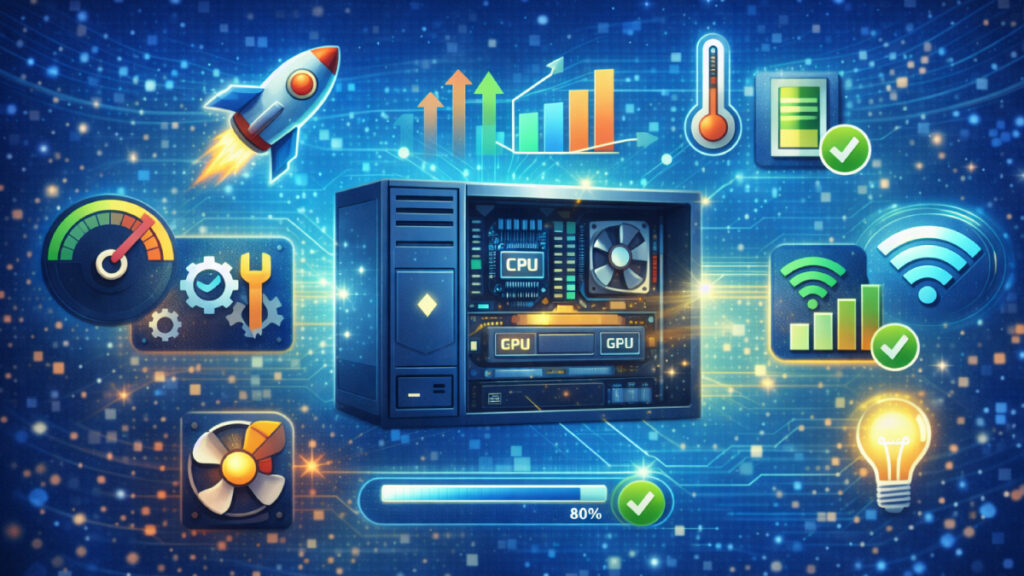 PC 성능 최적화를 통해 하드웨어 효율을 극대화하는 개념을 표현한 디지털 일러스트 이미지로 CPU, GPU와 성능 향상 아이콘이 연결된 모습