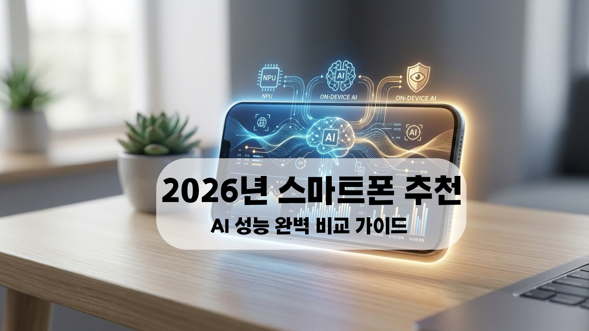 2026년 스마트폰 추천을 위한 최신 플래그십 모바일 기기의 온디바이스 AI(NPU) 성능 지표와 미래지향적 디자인 요소를 시각화한 대표 이미지