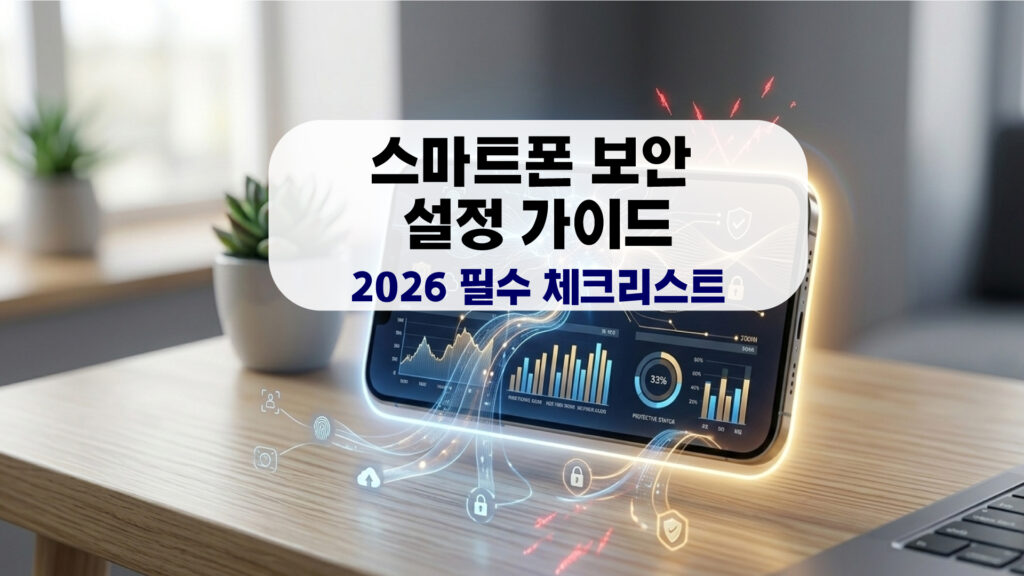 스마트폰 보안 설정을 위해 방화벽과 생체 인증 시스템이 활성화된 2026년형 모바일 보안 비주얼 대표 이미지