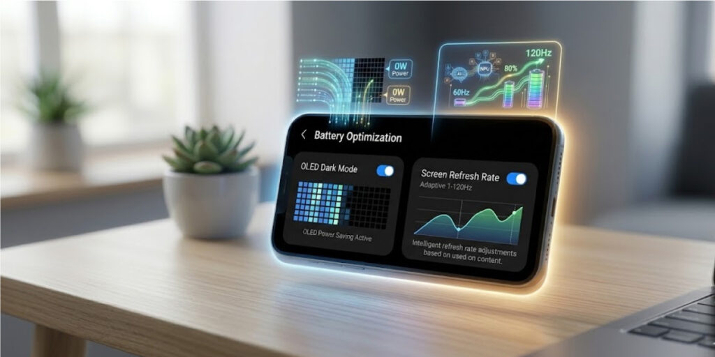스마트폰 배터리 수명 연장을 위한 OLED 디스플레이 다크 모드 및 주사율 최적화 설정 화면