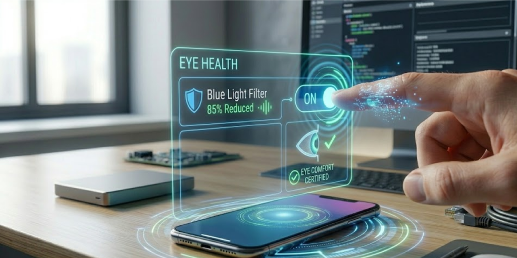 2026년 최신 스마트폰 AI가 일일 눈 피로도를 분석하고 플리커 프리 모드와 적응형 밝기를 최적화하는 시스템 인터페이스 화면