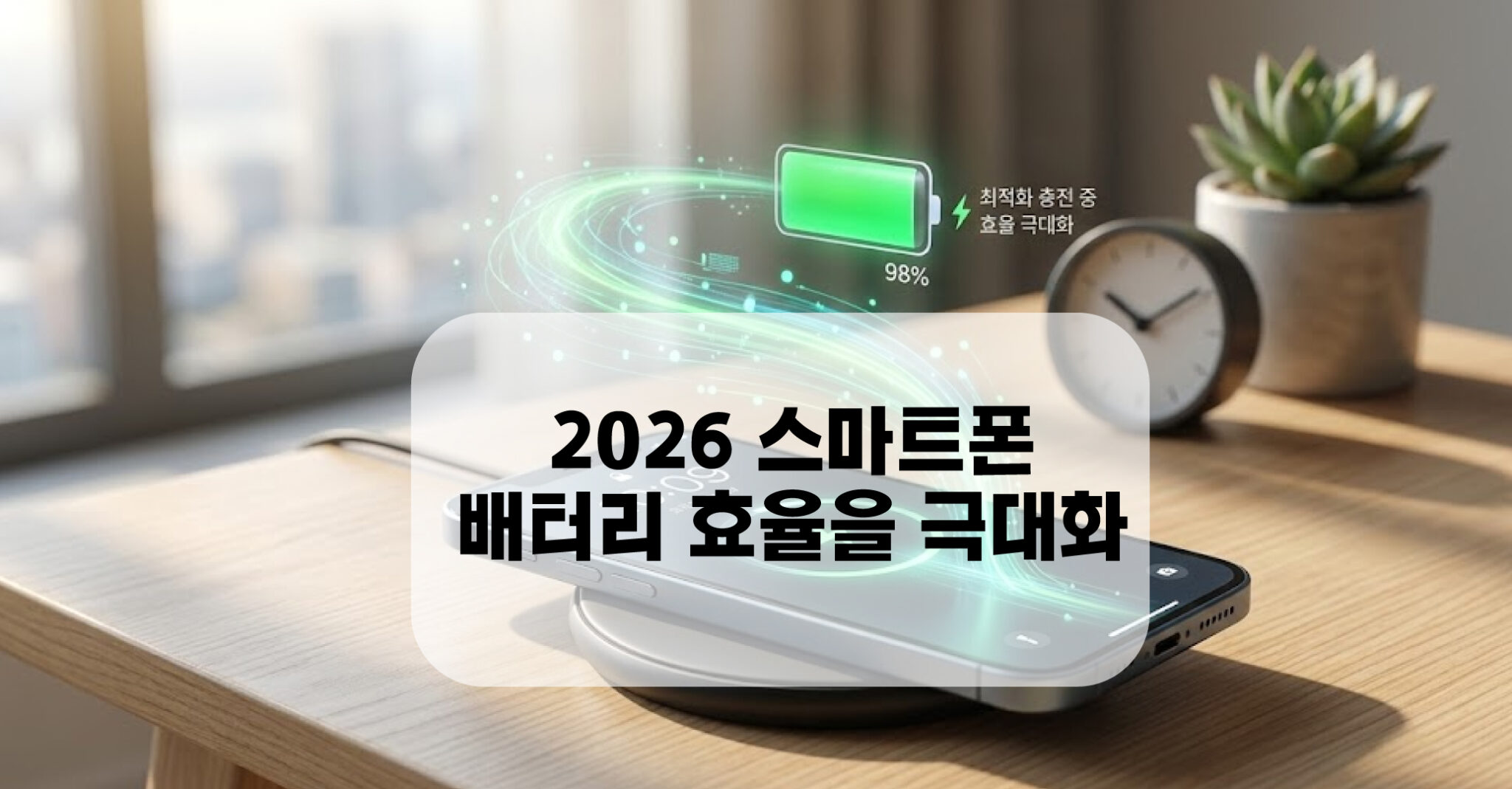 스마트폰 배터리 수명 연장을 위해 AI가 전력 소비를 실시간으로 분석하고 최적화된 충전 상태를 시각화한 2026년형 대표 이미지