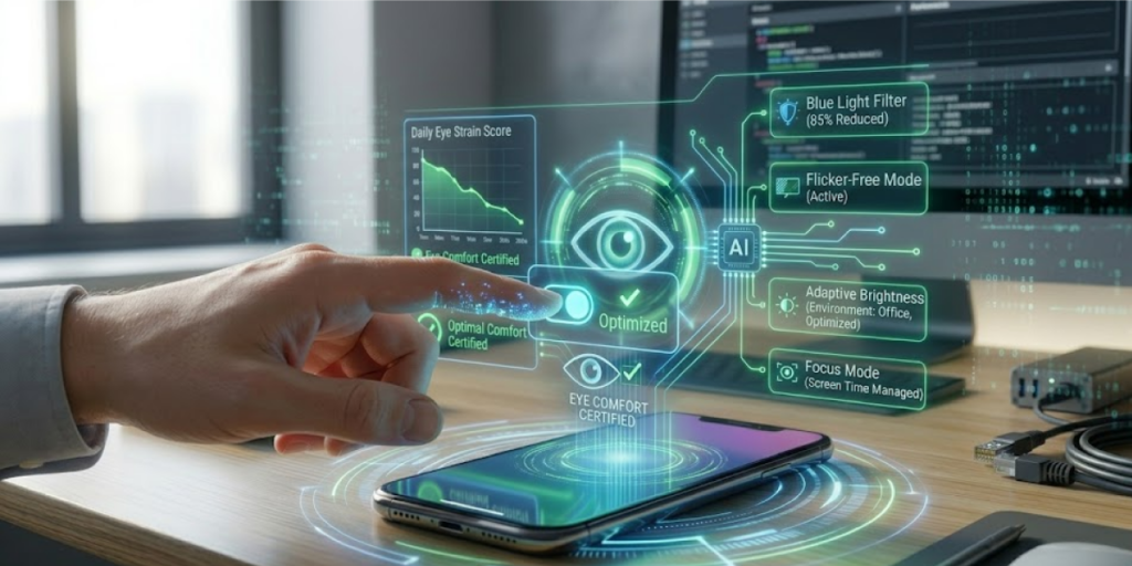 스마트폰 시력 보호 설정에서 사용자가 홀로그램 인터페이스를 통해 블루라이트 85% 차단 필터를 활성화하는 시각적 묘사