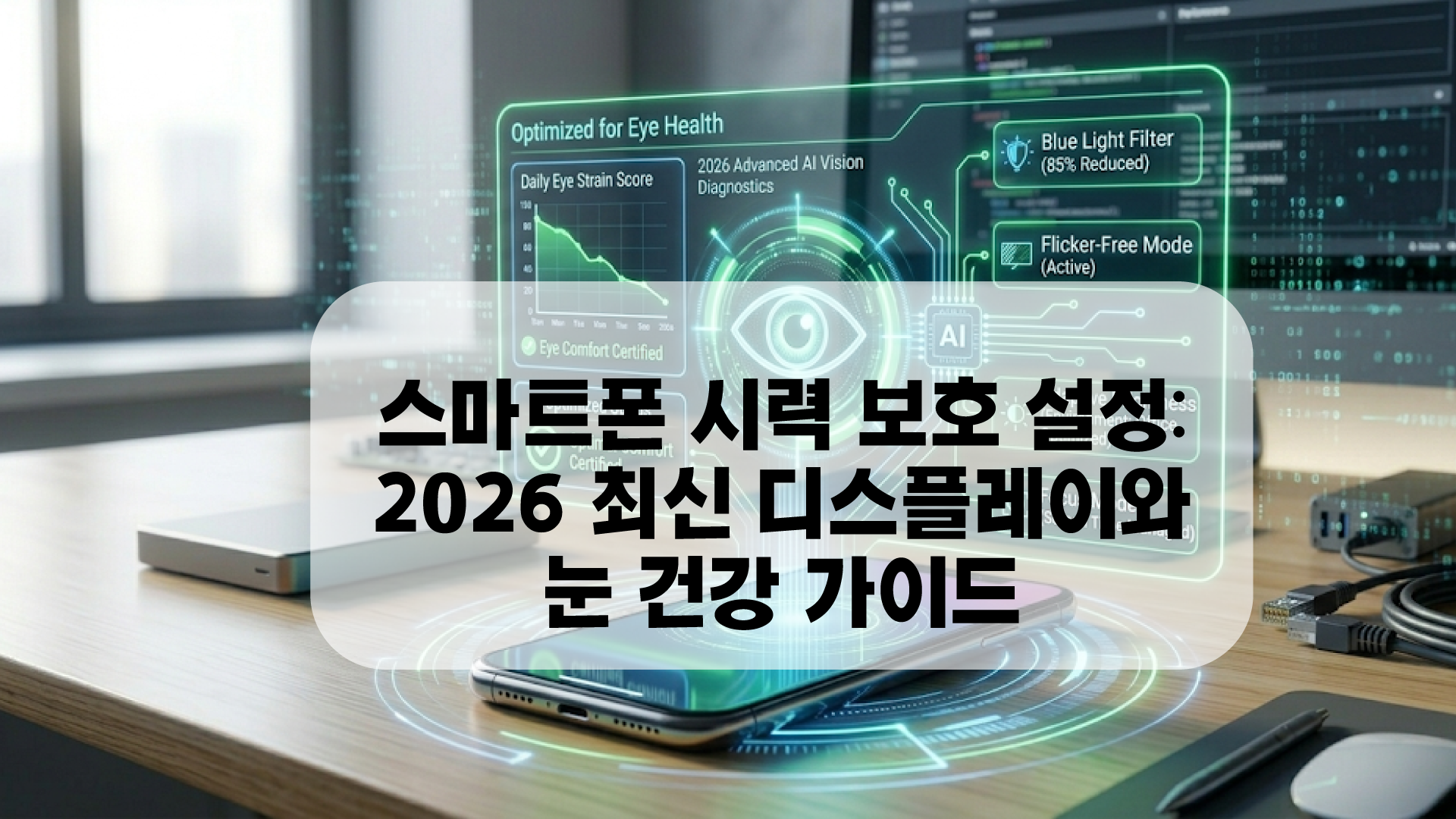 스마트폰 시력 보호 설정을 시각화한 지능형 데이터 노드 흐름 대표 이미지