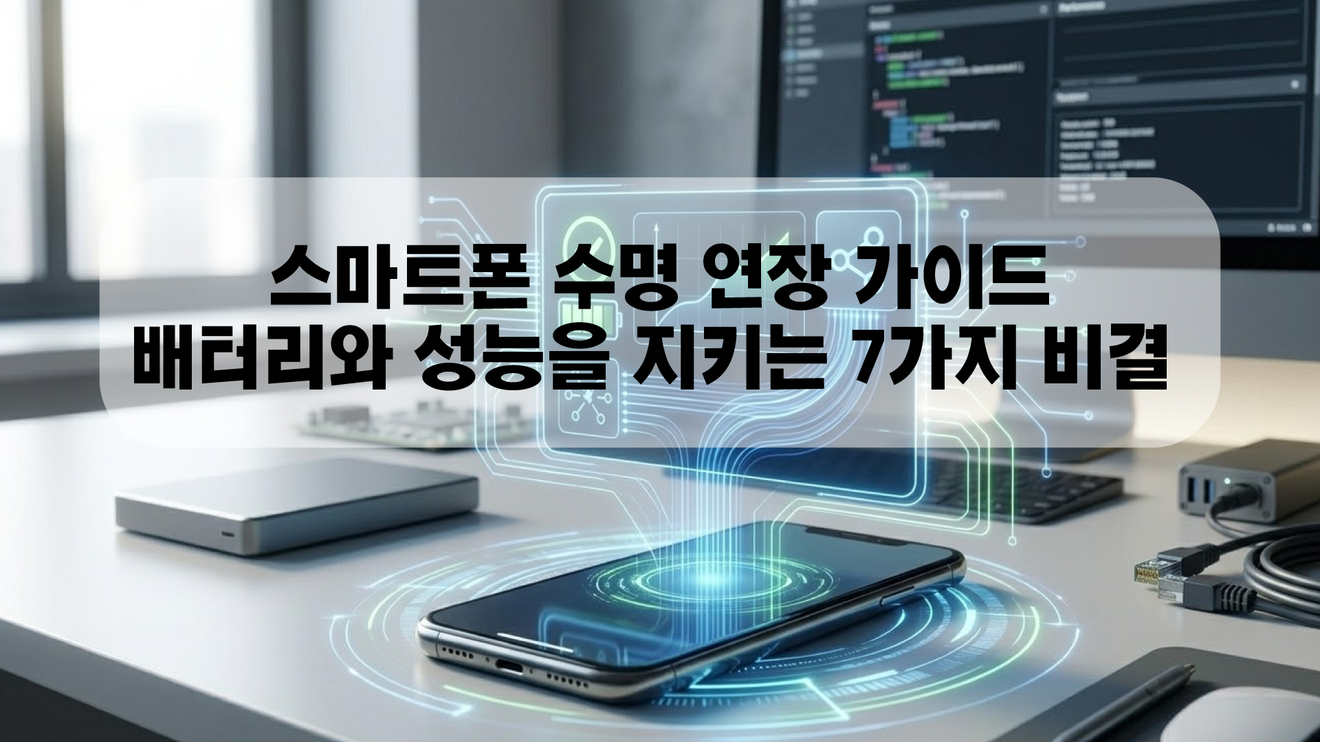 깨끗한 홈 오피스 배경에서 스마트폰 수명 연장 최적화 상태를 시뮬레이션한 대표 이미지