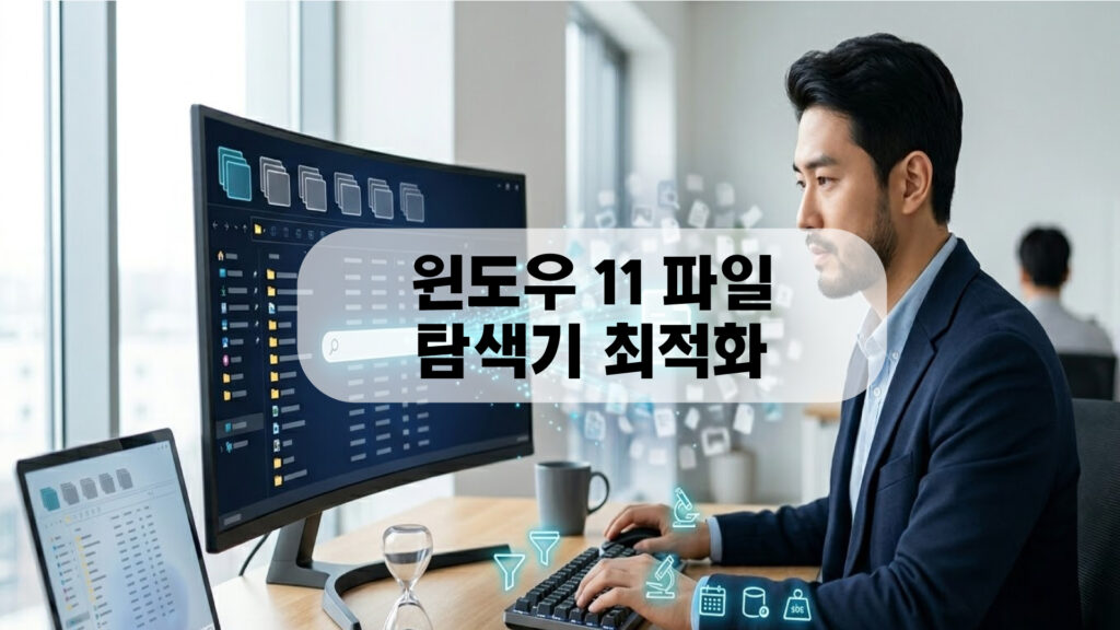 사용자가 윈도우 11 노트북과 대형 커브드 모니터를 활용해 파일 탐색기의 고급 검색 기능을 제어하며 업무에 집중하는 모습. 모니터 화면에는 추상적으로 시각화된 Windows 11 파일 탐색기 대시보드가 활성화되어 있습니다.
