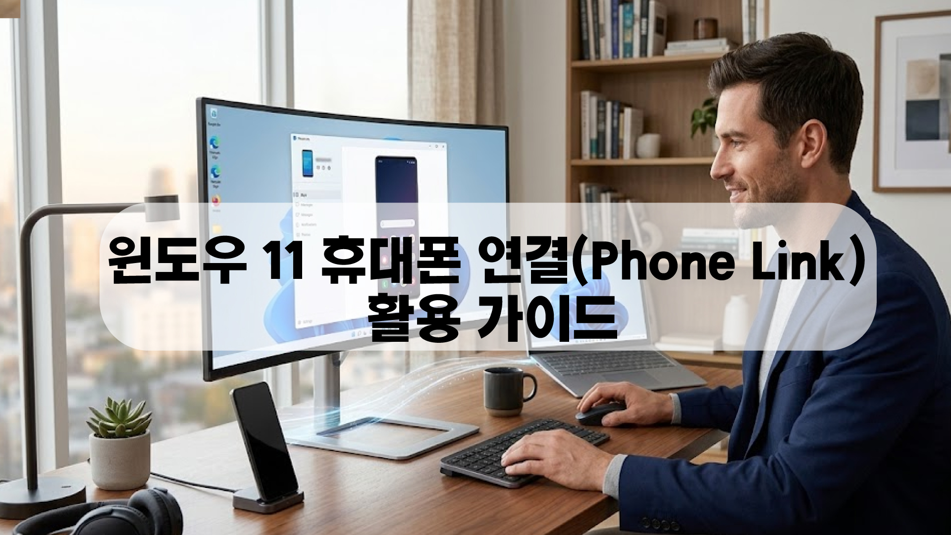 현 세련된 사무실 환경에서, 한 남성 전문가가 윈도우 11 노트북을 사용하여 스마트폰의 문자 메시지 및 앱 기능을 PC 화면에서 원활하게 제어하고 있습니다. 비활성화된 스마트폰에서 빛나는 추상적인 아이콘들이 노트북 화면으로 이동하며, '휴대폰 연결' 기능을 상징합니다. (텍스트 없는 이미지)