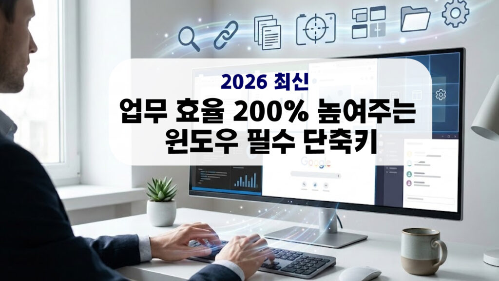 사용자가 세련된 사무실 책상에 앉아 듀얼 모니터와 노트북을 갖춘 작업 환경에서 작업하고 있습니다. 모니터와 노트북 화면 위로 생산성 단축키와 유틸리티를 상징하는 다양한 추상적인 아이콘들이 떠다니며, 효율적인 윈도우 작업 환경을 보여줍니다.