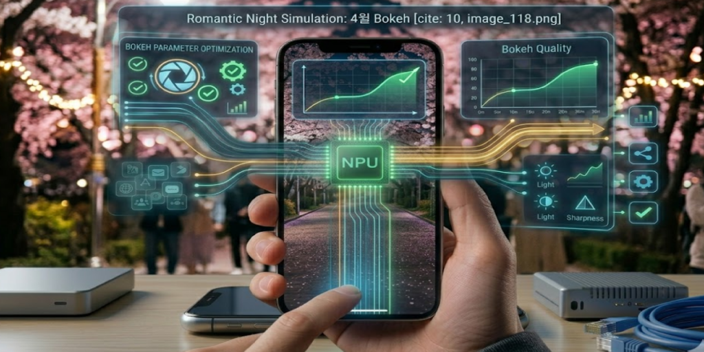 4월 밤 산책 중 벚꽃 배경의 빛망울(Bokeh) 품질을 실시간으로 분석하고 최적화하는 2026 스마트폰 야간 모드 지능형 NPU 인터페이스 시각화
